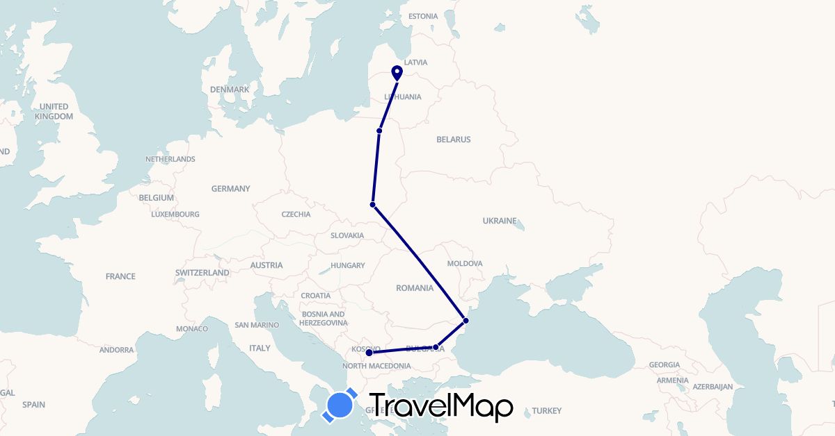 TravelMap itinerary: driving in Bulgaria, Lithuania, Poland, Romania, Kosovo (Europe)