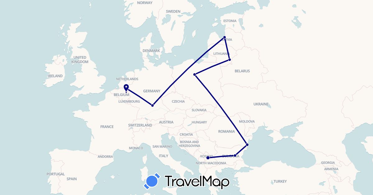 TravelMap itinerary: driving in Belgium, Bulgaria, Germany, Lithuania, Latvia, Netherlands, Poland, Romania, Kosovo (Europe)